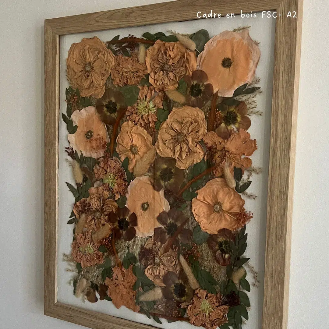 Cadre en bois A2 fleurs séchées bouquet de mariée